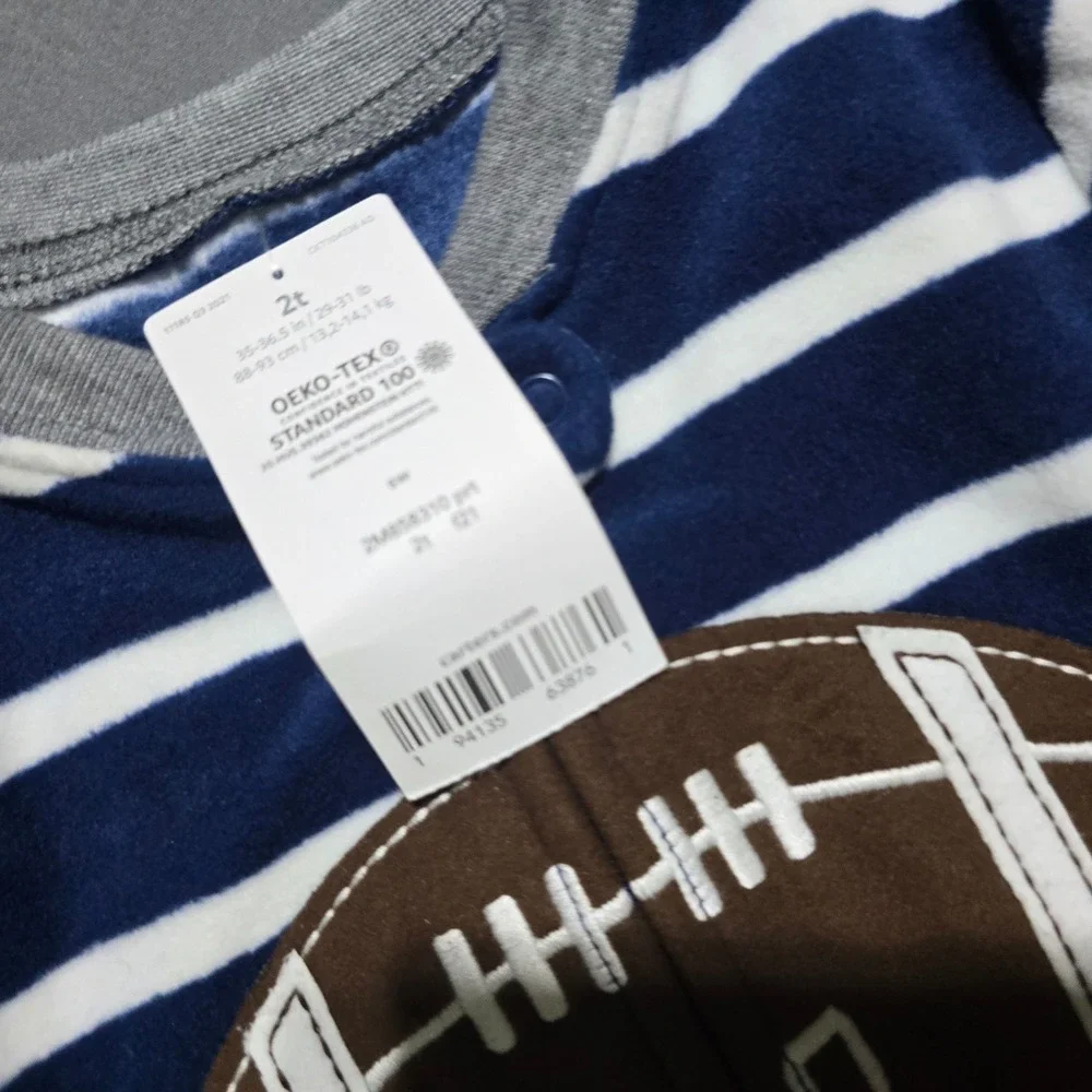 Carter's Football Fleece Sleeper Toddler 2T Blue Striped Footed Pajamas 2M818310